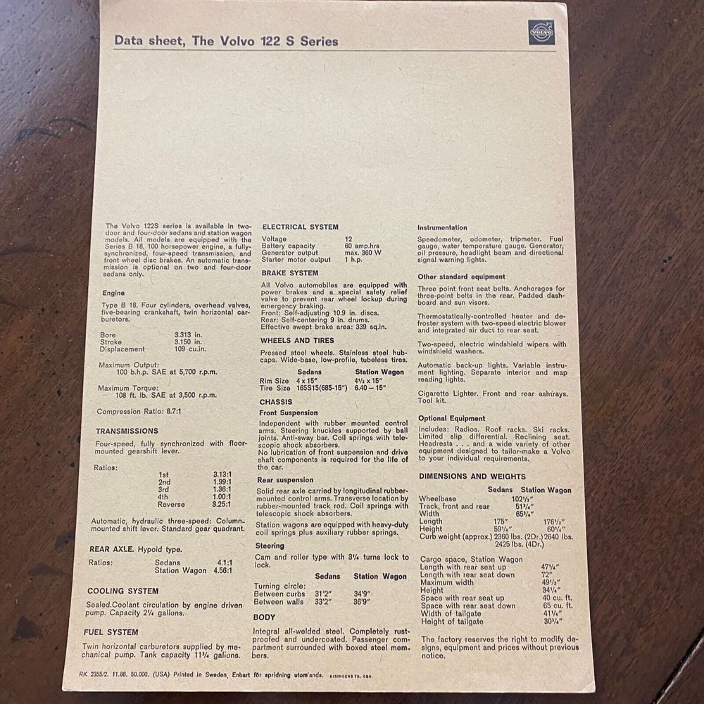 Volvo 122 S Series Sedans & Station Wagon Two & Four Door Automobiles Data Sheet